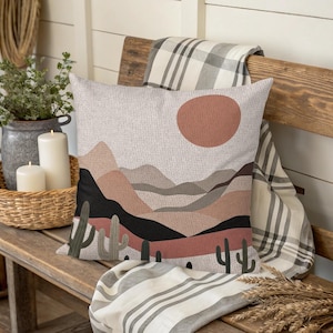 Southwestern Desert Cactus Pillow: Geometric Mountain Art Cushion