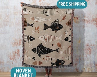 Neutral Fish Woven Throw Blanket, Modern Coastal Ocean Decor, Nautical Sea Life Bed or Couch Blanket, Boho Beach House, Fisherman gift