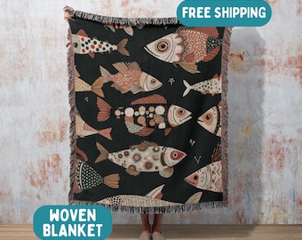 Scandinavian Colorful Fish Woven Blanket, Nordic Cozy Home Decor Throw, Beach House Decor, Decorative Fish Design, Cabin decor, Cabincore