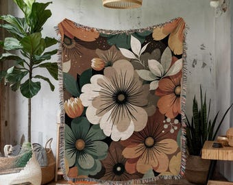 Moody Floral Woven Throw Blanket, Retro Botanical Tapestry, Dark Earth Tone Mid Century Flower Decor, Boho bedspread, Vintage-Inspired Gift