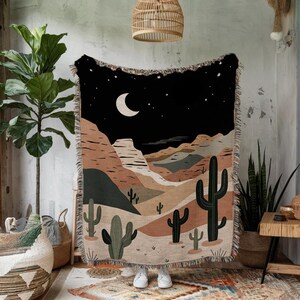 Crescent Moon Desert Woven Blanket: Boho Cactus Landscape Throw