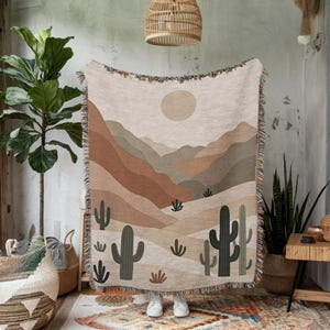 Southwest Cactus Woven Blanket, Boho Western, Sunset Desert Landscape Bedding for Rustic Home Decor, Southwest & Cactus Tapestry Wall Art