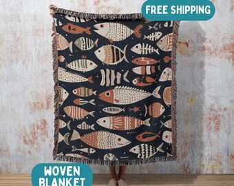 Whimsical Fish Woven Blanket, Nordic Cottagecore Wall Tapestry, Scandinavian Folk Art, Home and Bedding Decor, Fishing Lover Gift, Cabincore