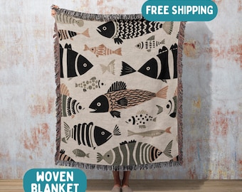 Whimsical Fish Woven Blanket, Nordic Folk Art Tapestry, Living Room and Bedroom Decor, Nautical Theme Blanket, Scandinavian Cottagecore