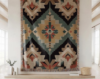 Southwest Geometric Woven Blanket | Cozy Native Throw | Tribal Tapestry | Rustic Navajo Print | Boho Home Decor | Bold Colored Pattern Throw