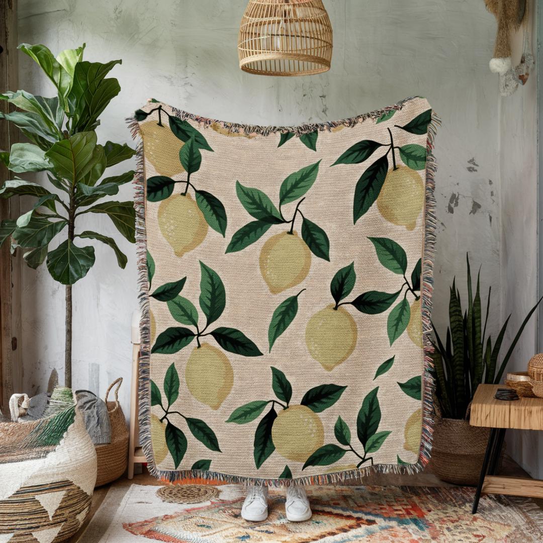 Cabincore Lemon Citrus Woven Blanket, Retro Summer Citrus Style, Boho Lemon Print Tapestry Wall Art, Cottagecore Citrus Decor, Vintage Decor