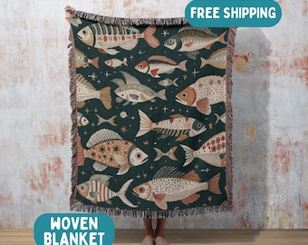 Nordic Fish Design Blanket, Scandinavian Folk Art Woven Blanket, Boho Beach House, Coastal Wall Art Tapestry, Cabin Decor, Fishing Gift