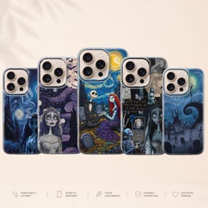 May include: Five smartphone cases featuring various artistic illustrations inspired by The Nightmare Before Christmas, including characters like Jack Skellington and Sally set against dark, starry, and graveyard-themed backgrounds with blue and purple tones.