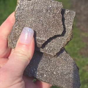 May include: Two pieces of dark gray, textured stone held in a hand. The stone has a rough, uneven surface with small, light-colored flecks. The edges are jagged, and the stone appears to be broken. The background is blurred green grass.
