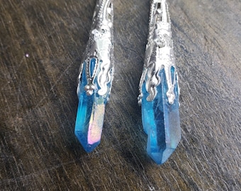 Faerie Queen Crystal Point Earrings Quartz Crystal Points Blue Aura Quartz Silver Filigree Fae Weddings