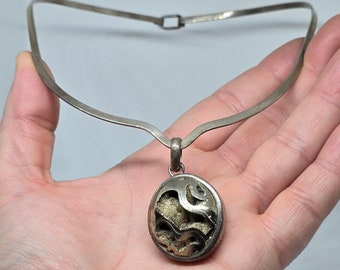 Vintage Pyritized Ammonite and 925 Sterling Silver Collar Necklace Stamped