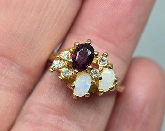 Gold Tone Ethiopian Welo Opal and Garnet Ring