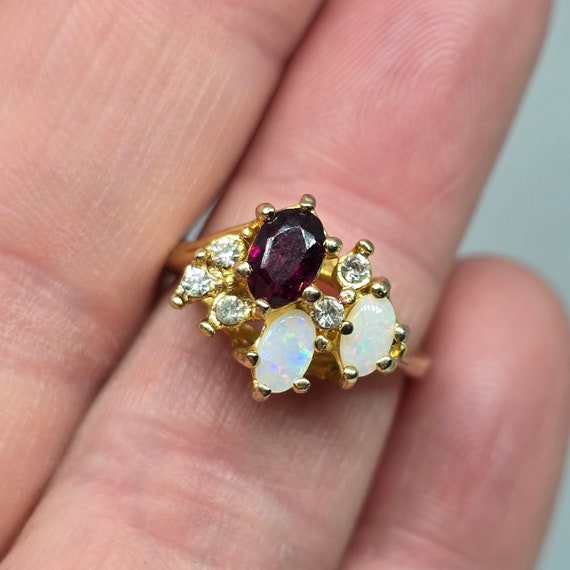 Gold Tone Ethiopian Welo Opal and Garnet Ring