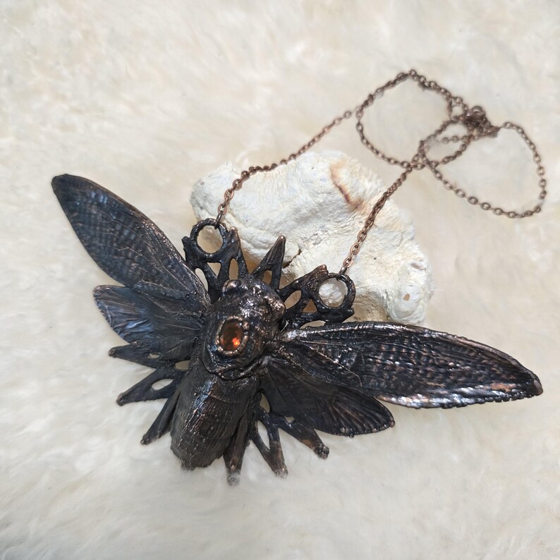 Real Cicada Necklace Electroformed Copper Oddity Jewelry Fire Opal