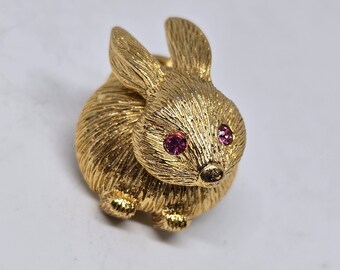 Vintage Gold Crown Figural Bunny Rabbit Trembler Lapel Hat Pin Brooch Rhinestone