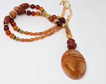 Handmade 14k Gold Plated Gemstone Necklace Carnelian Scarab Beetle Jasper