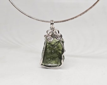 Natural Moldavite Tektite Sterling Silver Necklace Wire Wrapped Pendant 9Grams