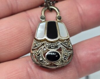 Vintage Black Onyx Marcasite Locket Sterling Silver Mother of  Pearl Necklace