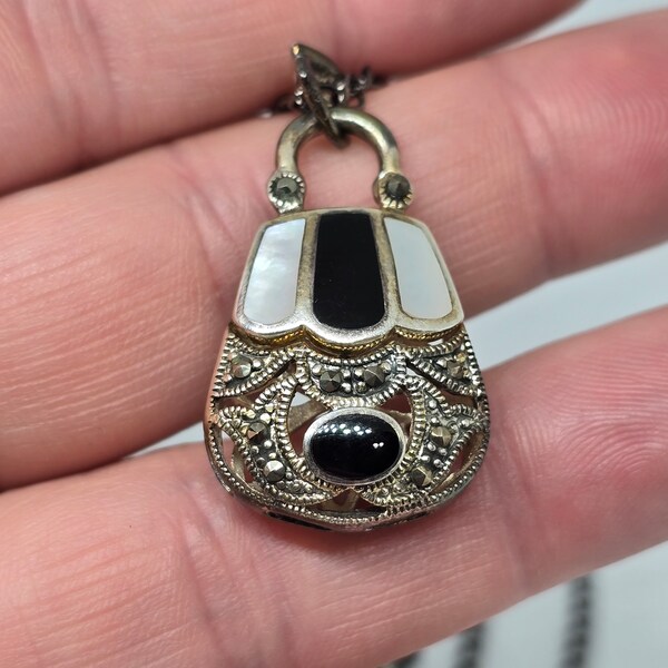 Vintage Black Onyx Marcasite Locket Sterling Silver Mother of  Pearl Necklace
