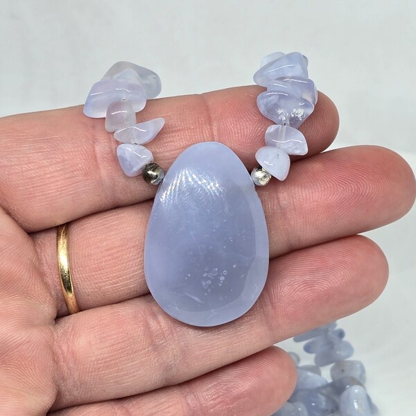 Blue Lace Agate Gemstone Necklace Artisan Made Silver Jewelry