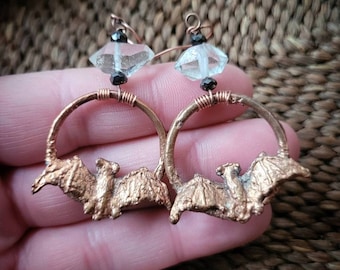 Electroformed Batty Bats and Herkimer Diamonds Copper Hoop Dangle Earrings