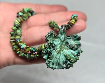 Electroformed Kale Leaf Copper Necklace Turquoise Gemstone Beads