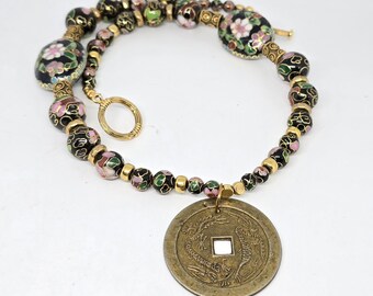 Cloisonne Beaded Necklace with Dragon Coin Focal Bead Flowers Floral