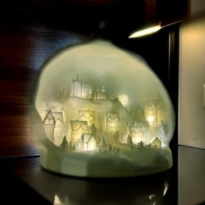 May include: A softly illuminated ceramic sculpture depicting a miniature village. The houses, trees, and buildings are lit from within, creating a warm glow. The sculpture is a unique decorative item, with a detailed design.