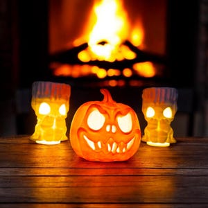 Halloween Pumpkin Tealight Candle Set with Cute Candle Holders – 3 Piece Halloween Decor - Halloween Jack O Lanterns!