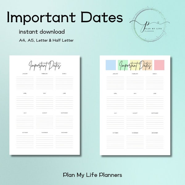 Important Date Planner, Digital, Instant Download, Printable, A4, A5, Letter & Half Letter PDF annotation Apps, GoodNotes, etc.