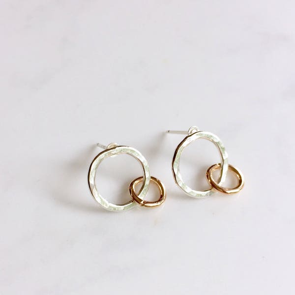 Mixed metal double circle post earrings