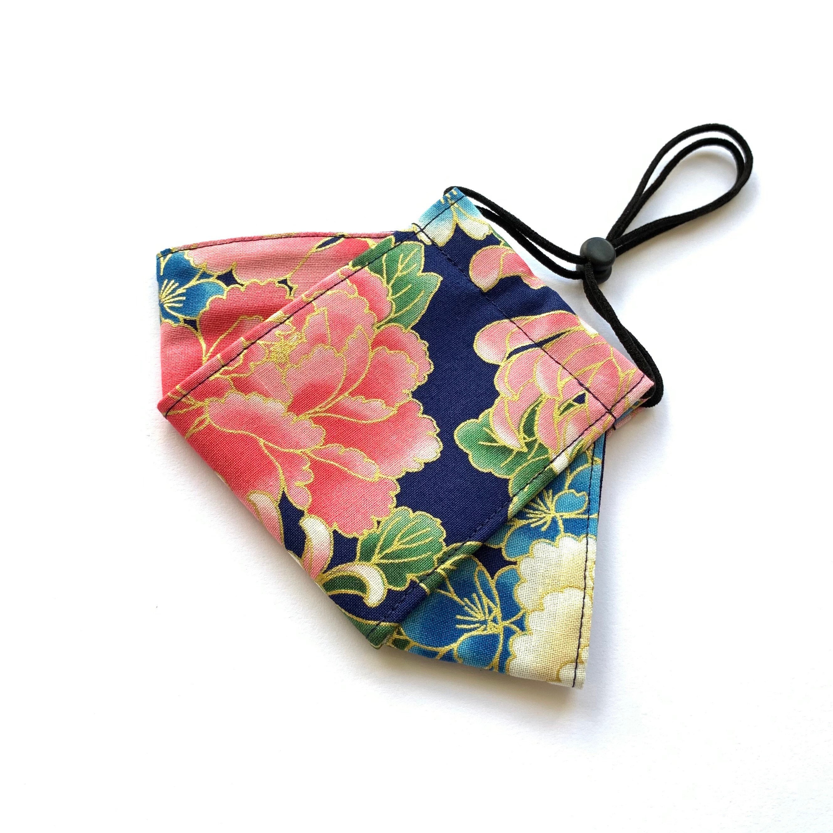 Japanese Blossoms - Navy / No Fog Mask, Cotton 3-Layer, Washable, Reu…