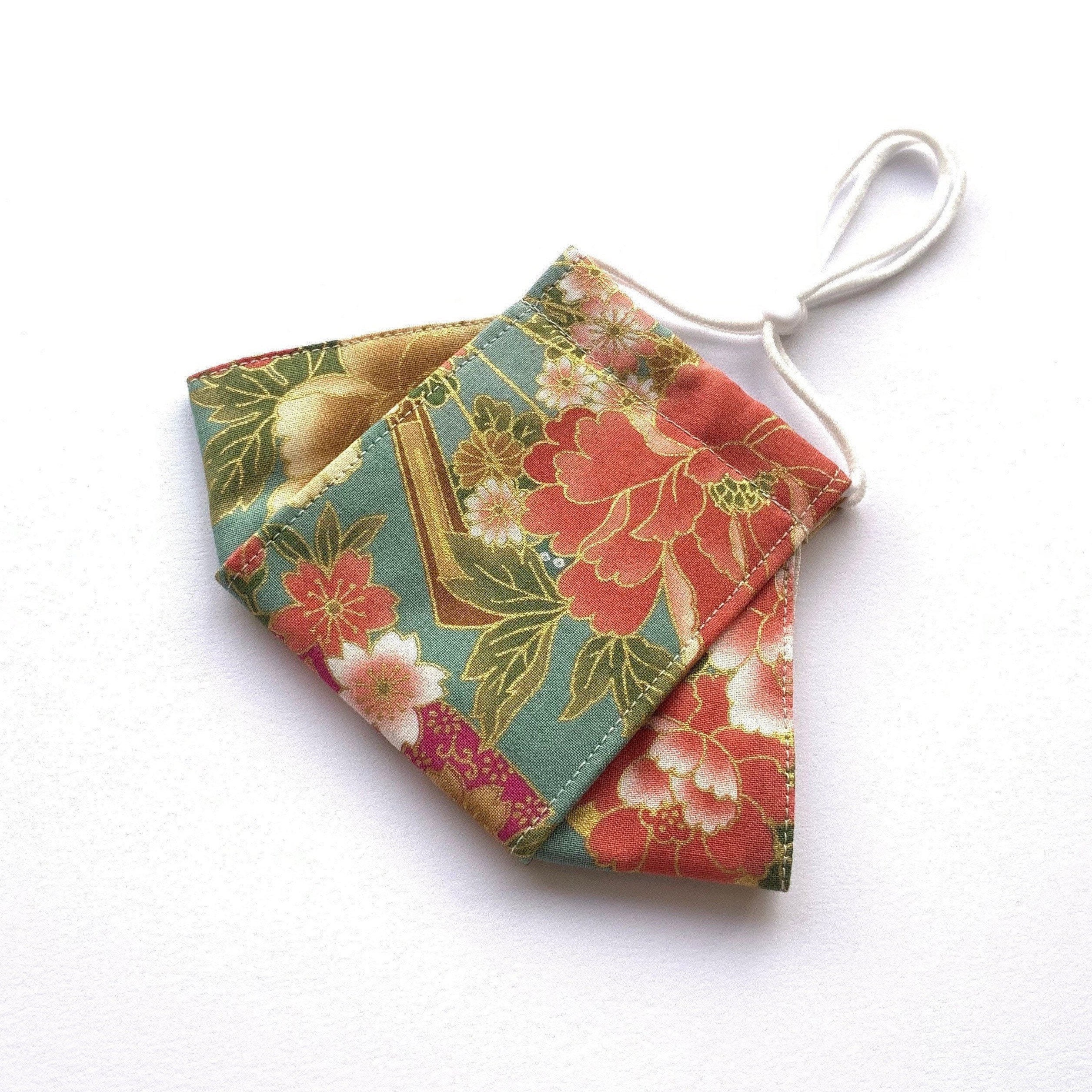 Japanese Blossoms - Green / No Fog Mask, Cotton 3-Layer, Washable, Re…