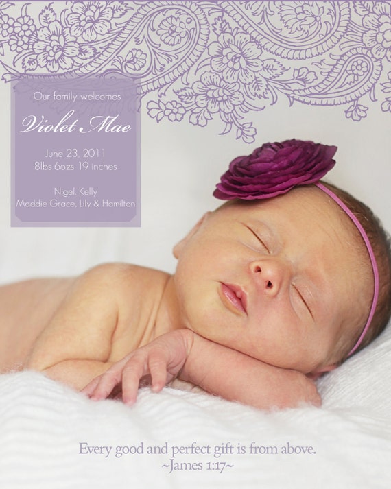 Items similar to Purple Paisley Baby Photo Birth Announcement 5x7 or