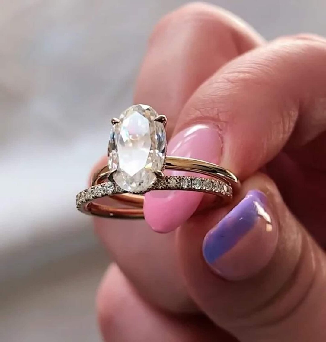 3 CT Oval Cut Moissanite Engagement Ring Set, Bridal Set 14k Solid Gold ...