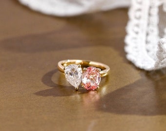 Pear And Oval Cut Moissanite 14K Rose Gold Ring / Two Stone Moissanite Engagement Ring / Toi Et Moi Moissanite Ring For Anniversary Gift