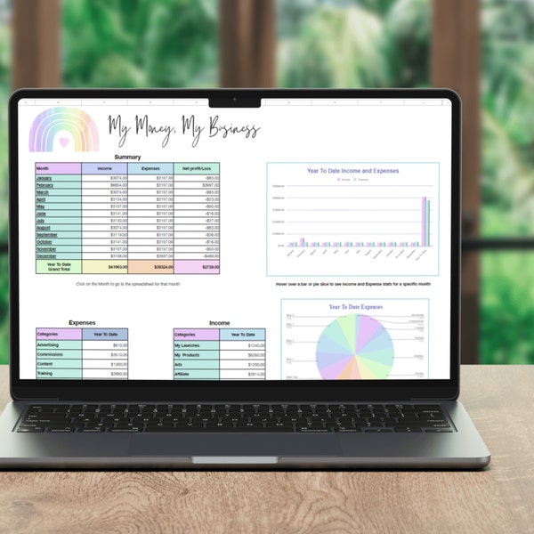 Income and Expense Tracker for Bloggers, Online Business Owners, Affiliate Marketers, Rainbow Profit & Loss Spreadsheet, Google Sheet Only