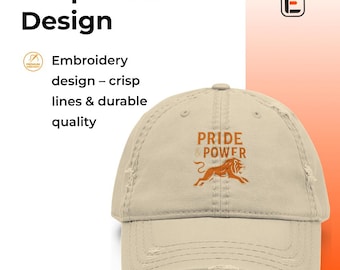Pride & Power Distressed Dad Hat – Vintage Baseball Cap for Men – Bold Lion Logo Patriotic Gift USA Style Distressed Dad Hat