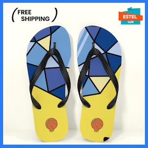 Flip-Flops Yellow-Blue Unisex Cushioned Footbed Original Slim Thong Geometric elegance: customized flip flops with unique design Gift