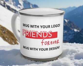 Enamel Mug with Design, Hiking Mug, Vintage Coffee Cup, Personalized Mug, Personalized Hiking Mug with Your Logo or Dizain Forest Coffee Mug