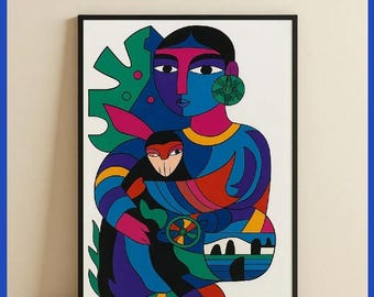 Colorful Cubist Woman and Cat Wall Art – Modern Abstract Print – Geometric Pet Poster – Bright Boho Decor – Digital Download