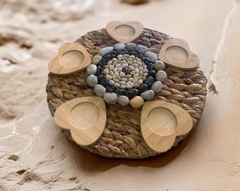 Handmade Round Bamboo and Sea Stone Tray - Perfect Gift for Family and Friends Farmhouse Gift Tray Jute Rope Wood Serving Tray.