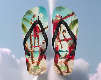 Christmas Santa Flip Flops, Festive Christmas Shoes, Funny New Year Santa Gift, Merry Christmas and Happy New Year, Unisex Beach Flip Flops