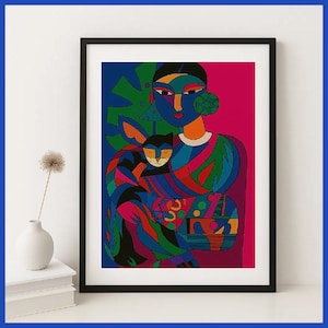Colorful Cubist Woman and Cat Wall Art – Modern Abstract Print – Geometric Pet Poster – Bright Boho Decor – Digital Download