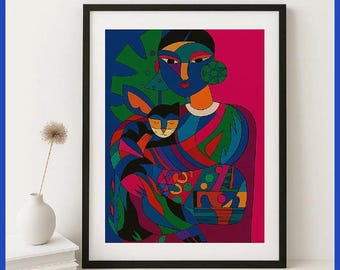 Colorful Cubist Woman and Cat Wall Art – Modern Abstract Print – Geometric Pet Poster – Bright Boho Decor – Digital Download