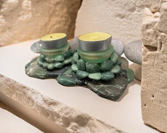 Handmade Stone Tea Light Candle Holder  Decorative Coaster Decorative Tray Beach Pebble Candle Holder, Coastal Stone Tea Light Candle Holder