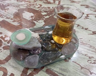 Handmade Stone Tea Light Candle Holder  Decorative Coaster Decorative Tray Beach Pebble Candle Holder, Coastal Stone Tea Light Candle Holder