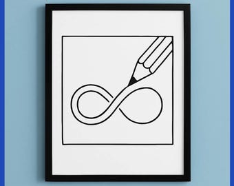 Minimalist Infinity Pencil Line Art Print – Black and White Printable Wall Decor, Drawing Symbol, Modern Art for Office or Studio