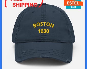 Vintage Boston Cap Cotton Baseball Cap Embroidered Pattern Distressed Dad Hat Fashionable Dad Hat