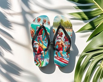 Christmas Santa Flip Flops, Festive Christmas Shoes, Funny New Year Santa Gift, Merry Christmas and Happy New Year, Unisex Beach Flip Flops